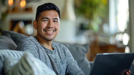 Stylish, modern man smiling at camera and using a notebook.