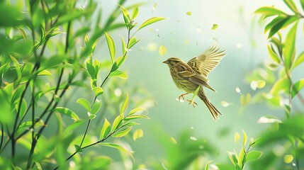 The picture shows a Corn Bunting bird in a green nature background during spring.