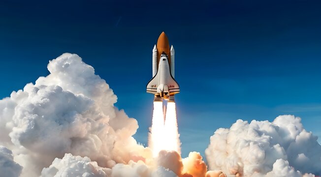 Rocket in the sky Space shuttle rocket launch in the sky and clouds to outer space