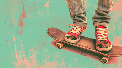 Skateboarder in sneakers on urban grunge background