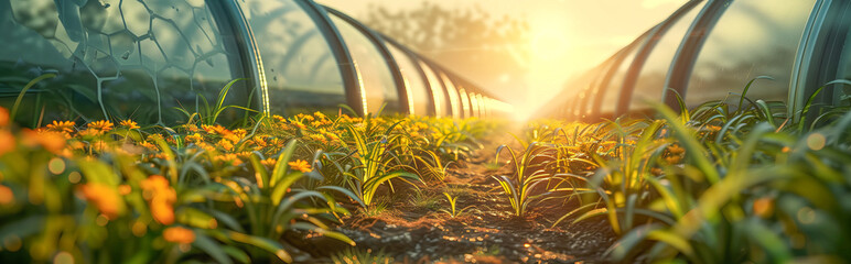 Golden rays cast a warm glow on a path through a futuristic greenhouse with flourishing vegetation - Ideal for content about innovation in sustainable ecosystems - obrazy, fototapety, plakaty