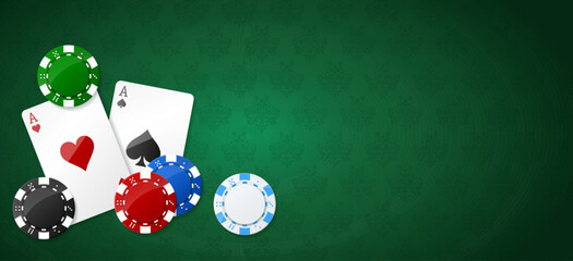 Vegas casino colorful poker chips and ace cards. Gambling addiction, risky money, huge jackpot, lucky game. Concept of playing game via real cash. Green table background. Vector illustration