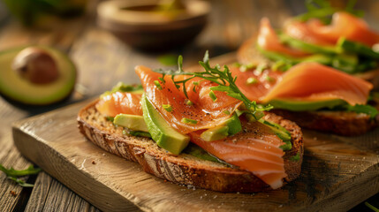 Toast with avocado and salmon slices, still life in the style of food photography