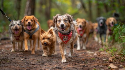 A group of dogs on a guided nature hike, wearing Canine Fitness Month bandanas, exploring forest trails as a way to encourage natural exercise and adventure