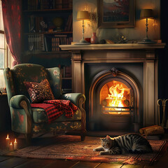 cats in front of a fireplace in a living room.