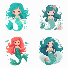 set element mermaid fairy illustration different poses