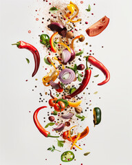 A photo of different spices and vegetables stacked on top of each other, falling down in the air, on a white background, in the style of hyper realistic.


