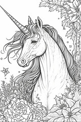 Coloring page of a majestic unicorn in a field of flowers. Ideal for fantasy or fairytale concepts