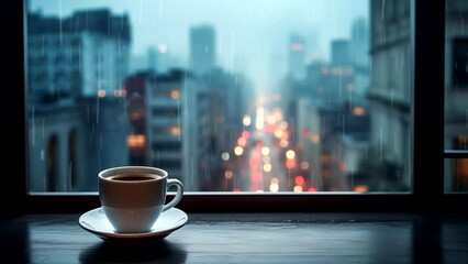 Enjoying warm coffee in the rain. seamless looping 4k time-lapse video background