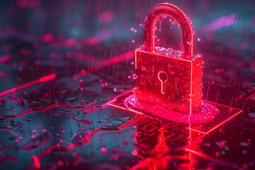 A neon red padlock showcasing cyber security concepts, dripping rain on a digital surface