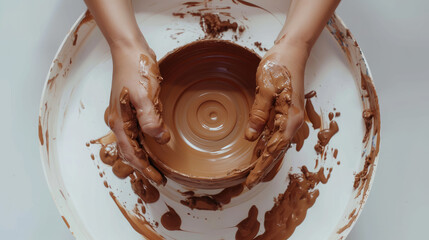 top view of hands making a clay pot on a potter's wheel, craft, hobby, workshop, studio, handmade, ceramics, craft, creativity, person, artist, sculptor, potter