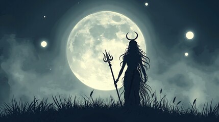 Illustration of lord shiva silhouette with trident against full moon for maha shivratri - obrazy, fototapety, plakaty