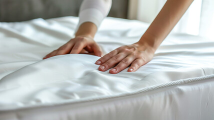 Obraz na płótnie Canvas Woman s hands putting white fitted sheet on bed over mattress on bed.
