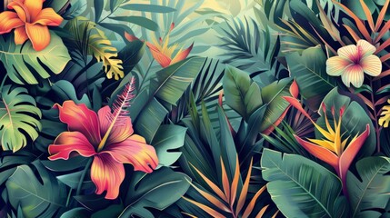 Tropical Exotic Landscape Wallpaper. Hand Drawn Design. Luxury Wall Mural. Leaf and Flowers Background.