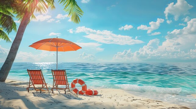 A 3D rendering of a beach scene depicts a beach umbrella with chairs, and an inflatable ring resting on the sand, symbolizing summer and relaxation.