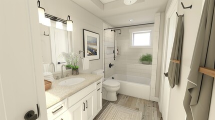 A 3D rendering of a modern and clean bathroom. It includes a sink, toilet, shower, and other amenities.