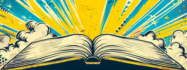 Open book with colorful retro burst background