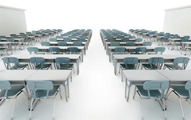 Classroom with Rows of Desks and Chairs Isolated on Transparent Background PNG.