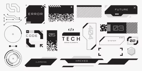 Door stickers Graffiti collage Abstract tech elements collection. Futuristic HUD design elements. Hi-tech cyberpunk frames and borders. Modern sci-fi banners. Black and white colors. Vector illustration