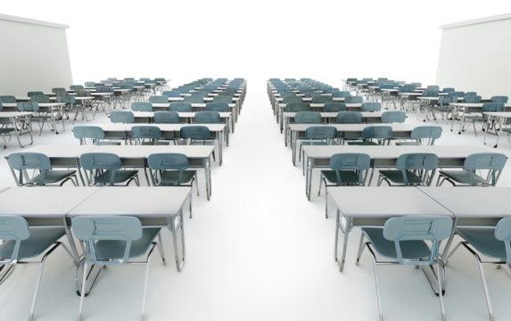 Classroom with Rows of Desks and Chairs Isolated on Transparent Background PNG.