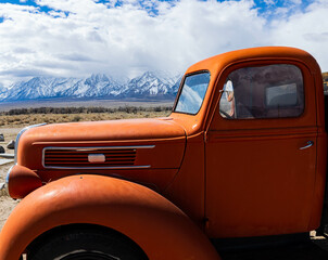 Vintage Red Truck and Restored Mess Hall, Manzanar National Historical Site, California, USA