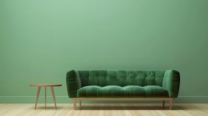 A comfortable green sofa faces a green wall with a small table. The floor is made of light-colored wood. The whole scene is a 3D rendering.