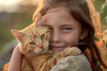 A girl holding a cat in his arms and smiling at the camera while he holds it up to his face, animal photography