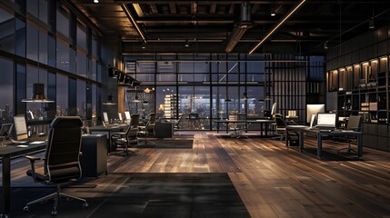 A dark office with panoramic windows and wooden floors. There are computers, desks, armchairs, and a meeting board inside. This image shows a modern workplace or meeting space. - obrazy, fototapety, plakaty