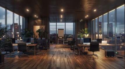 A dark office with panoramic windows and wooden floors. There are computers, desks, armchairs, and a meeting board inside. This image shows a modern workplace or meeting space. - obrazy, fototapety, plakaty