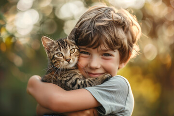 A boy holding a cat in his arms and smiling at the camera while he holds it up to his face, animal photography
