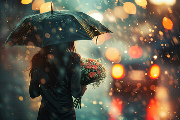 A woman holding an umbrella in the rain with a bouquet of flowers in her hand