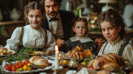 Fototapeta na wymiar Victorian Family Gathering for a Traditional Dinner