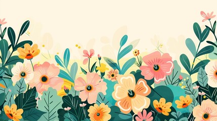 A horizontal banner or floral backdrop adorned with colorful blooming flowers and green leaves. Vector-illustrated in a flat style on a white background for a springtime theme.
