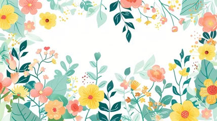 Stof per meter A horizontal banner or floral backdrop adorned with colorful blooming flowers and green leaves. Vector-illustrated in a flat style on a white background for a springtime theme. © Suleyman