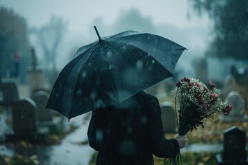 A woman standing against the background of a cemetery, with an umbrella in the rain and a bouquet of flowers in her hand