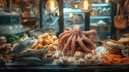showcase with seafood, fish, octopus, crabs, squid, langoustines, beautiful studio light, food, restaurant, shop, ice, fresh, tasty, dish, meal, market - obrazy, fototapety, plakaty