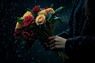 A women holds a bouquet of flowers in her hands in the rain - the girl lost a loved one