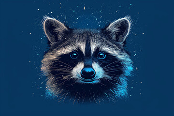 Obraz na płótnie Canvas A minimalist portrayal of a curious raccoon, with masked face and ringed tail, depicted in simple shapes against a starry night sky blue background.