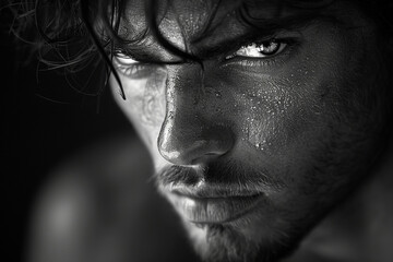 With furrowed brows and a clenched jaw, the man displays an expression of frustration and determination, his silhouette highlighted against a monochrome backdrop.