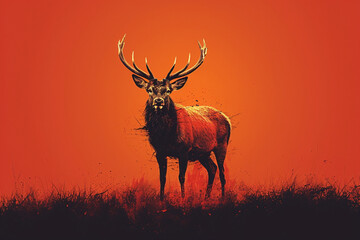 A minimalist depiction of a majestic stag, with antlers held high, rendered in bold lines against a rich autumnal orange background, symbolizing strength and nobility.