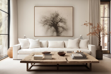 A living room with a large white couch and a wooden coffee table in it's center area with a large window - postminimalism - neutral dull colors