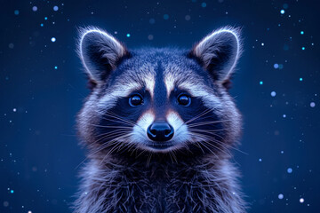 A minimalist portrayal of a curious raccoon, with masked face and ringed tail, depicted in simple shapes against a starry night sky blue background.