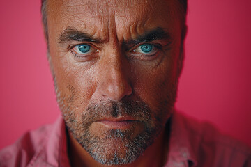 On a bright pink background, a man's face contorts with anger, his brows furrowed and lips pressed into a thin line as he confronts a source of frustration.