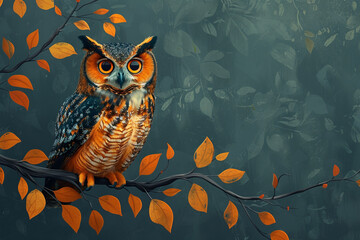 A minimalist rendering of a wise owl, perched on a branch with solemn eyes, depicted in simple shapes against a deep forest green background.