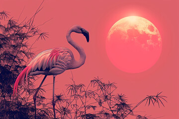 A minimalist illustration of a graceful flamingo, with slender neck curved elegantly, rendered in fluid lines against a sunset pink sky background.