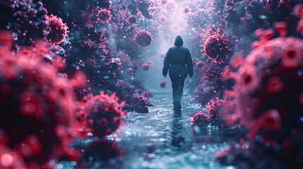 rear view of a full length person walking surrounded by  purple-colored large virus molecules. Concept of illness   - obrazy, fototapety, plakaty