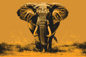 A minimalist representation of a majestic elephant, with tusks and trunk raised high, rendered in bold lines against a warm earthy brown background.