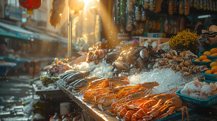 showcase with seafood, fish, octopus, crabs, squid, langoustines, beautiful studio light, food, restaurant, shop, ice, fresh, tasty, dish, meal, market - obrazy, fototapety, plakaty