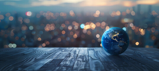 A blue earth with blurred city lights on wooden tabletops - obrazy, fototapety, plakaty
