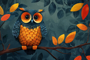 A minimalist rendering of a wise owl, perched on a branch with solemn eyes, depicted in simple shapes against a deep forest green background.